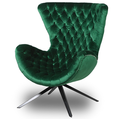 DEMI green curved chair with button-tufting, velvet upholstery, and black base for luxurious comfort and elegant design.