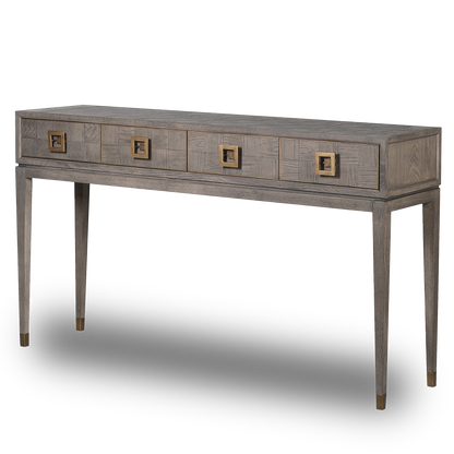 LEONARDO Square Console Table with grey oak finish and gold hardware