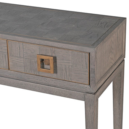 LEONARDO Square Console Table with grey oak finish and gold hardware