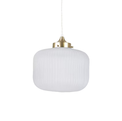 EVA pendant light with ribbed opal glass shade and satin brass-finished iron fixture.