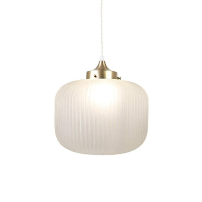 EVA pendant light with ribbed opal glass shade and satin brass-finished iron fixture.
