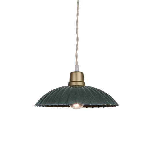 MARTA pendant light with fluted metal shade and satin brass-finished fitting, suspended by twisted fabric flex.