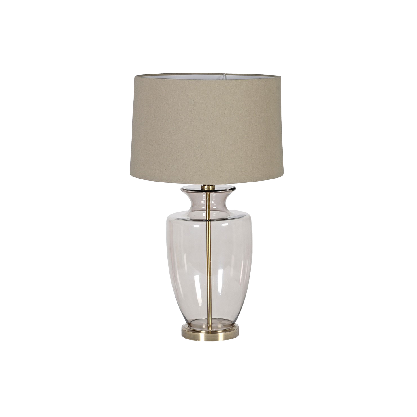 SOFIA Shaped Glass Table Lamp with beige linen shade and brass accents for a modern, sophisticated look.