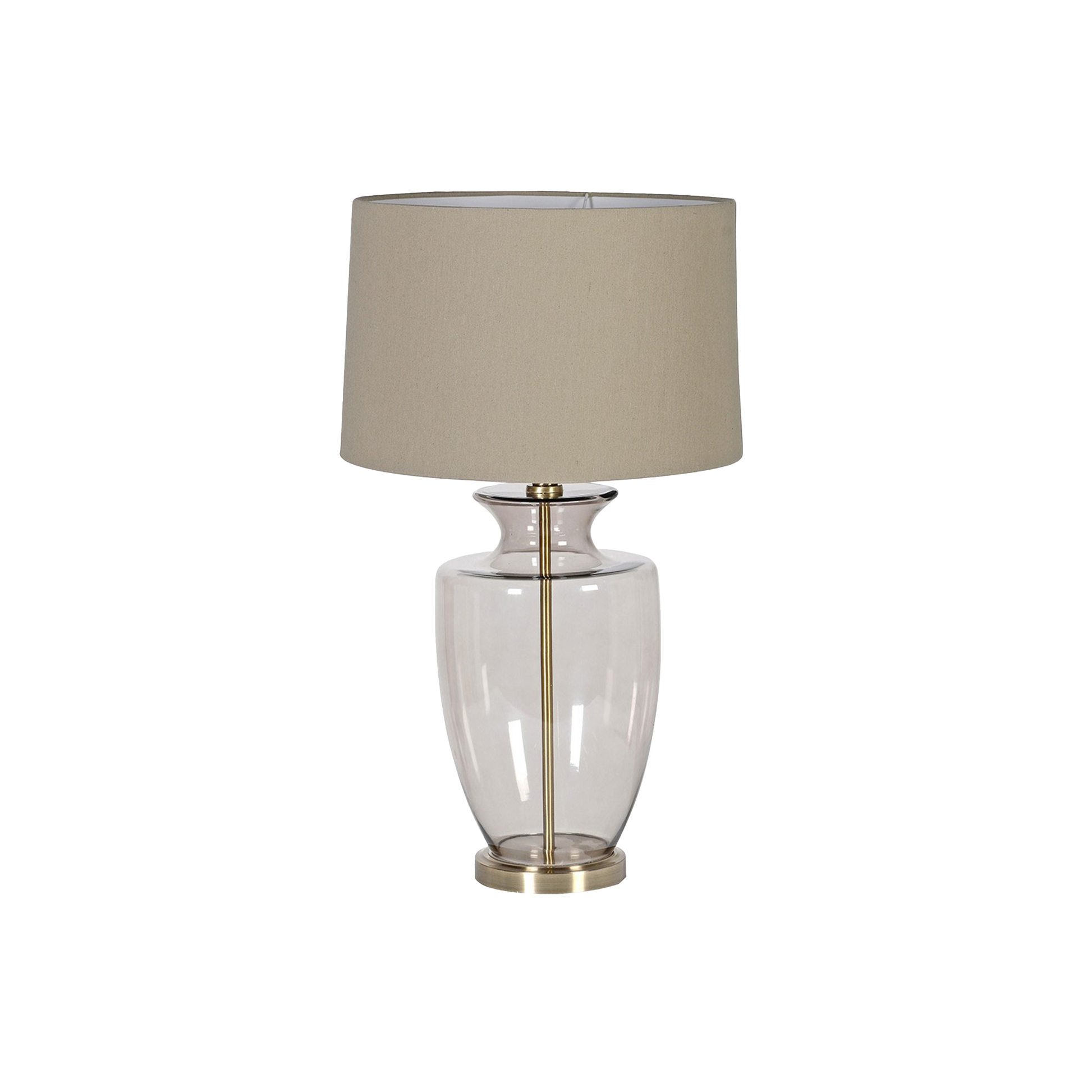 SOFIA Shaped Glass Table Lamp with beige linen shade and brass accents for a modern, sophisticated look.