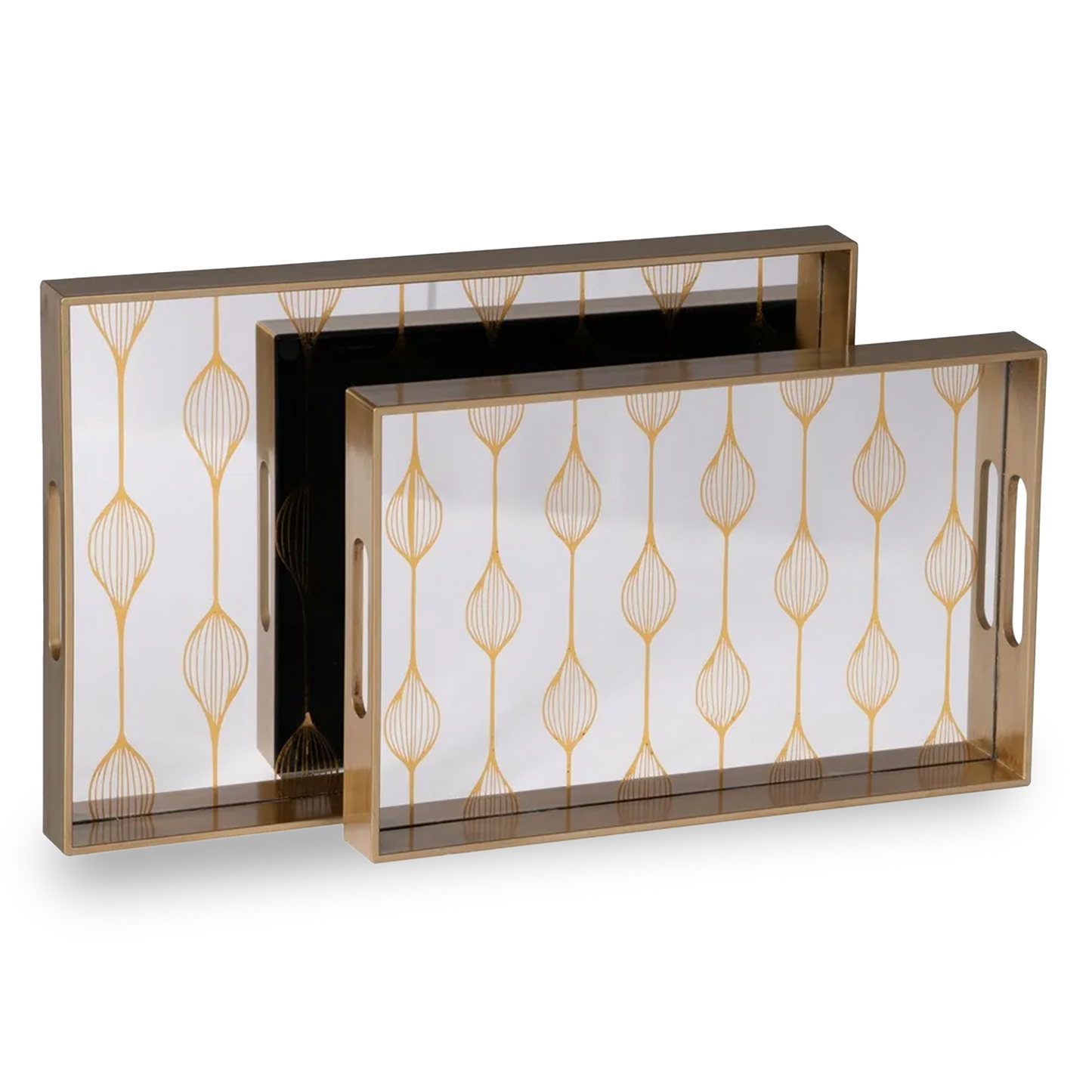 Imogen silver-gold decorative tray set with geometric pattern on mirrored surface