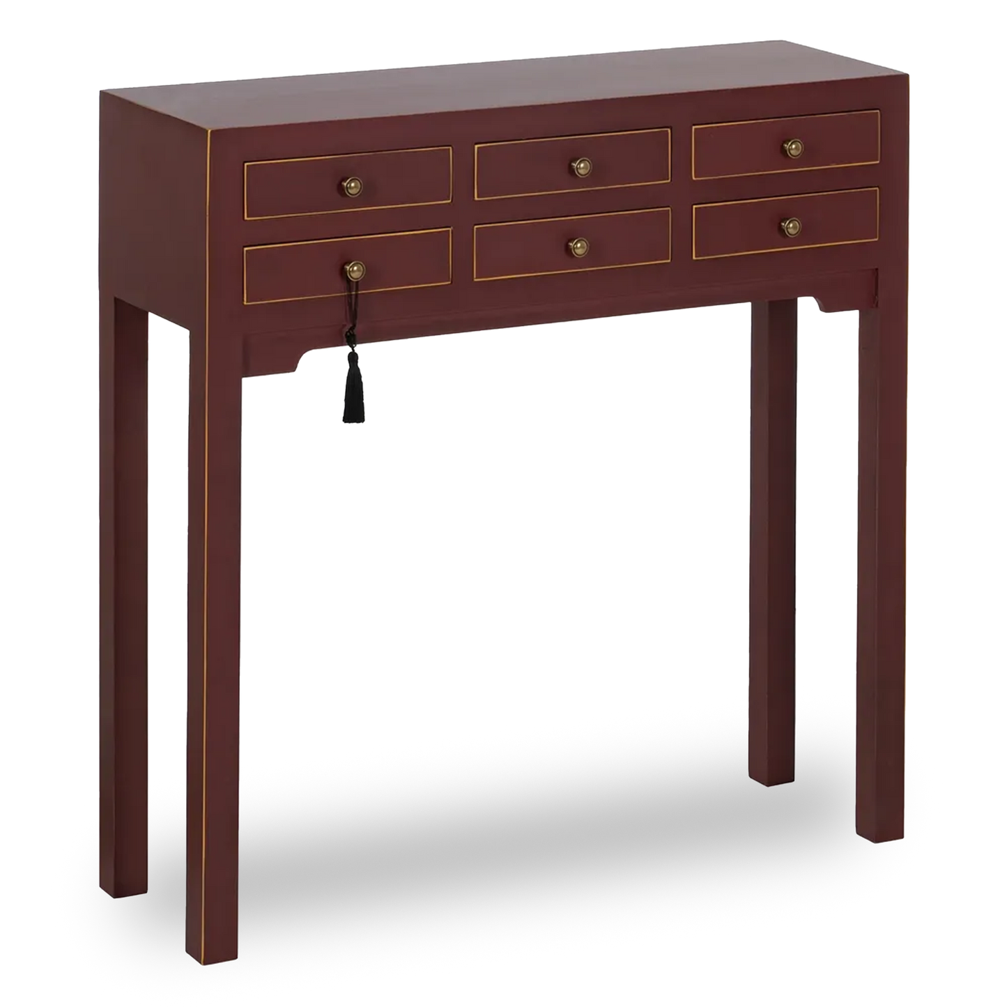 Aina red wooden console with 6 drawers and gold accent lines