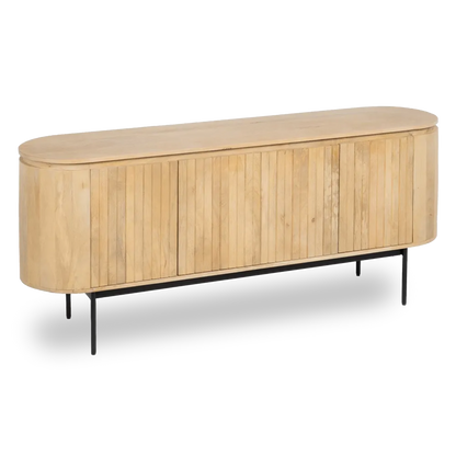 Abril natural wood buffet with black iron legs and slatted door design