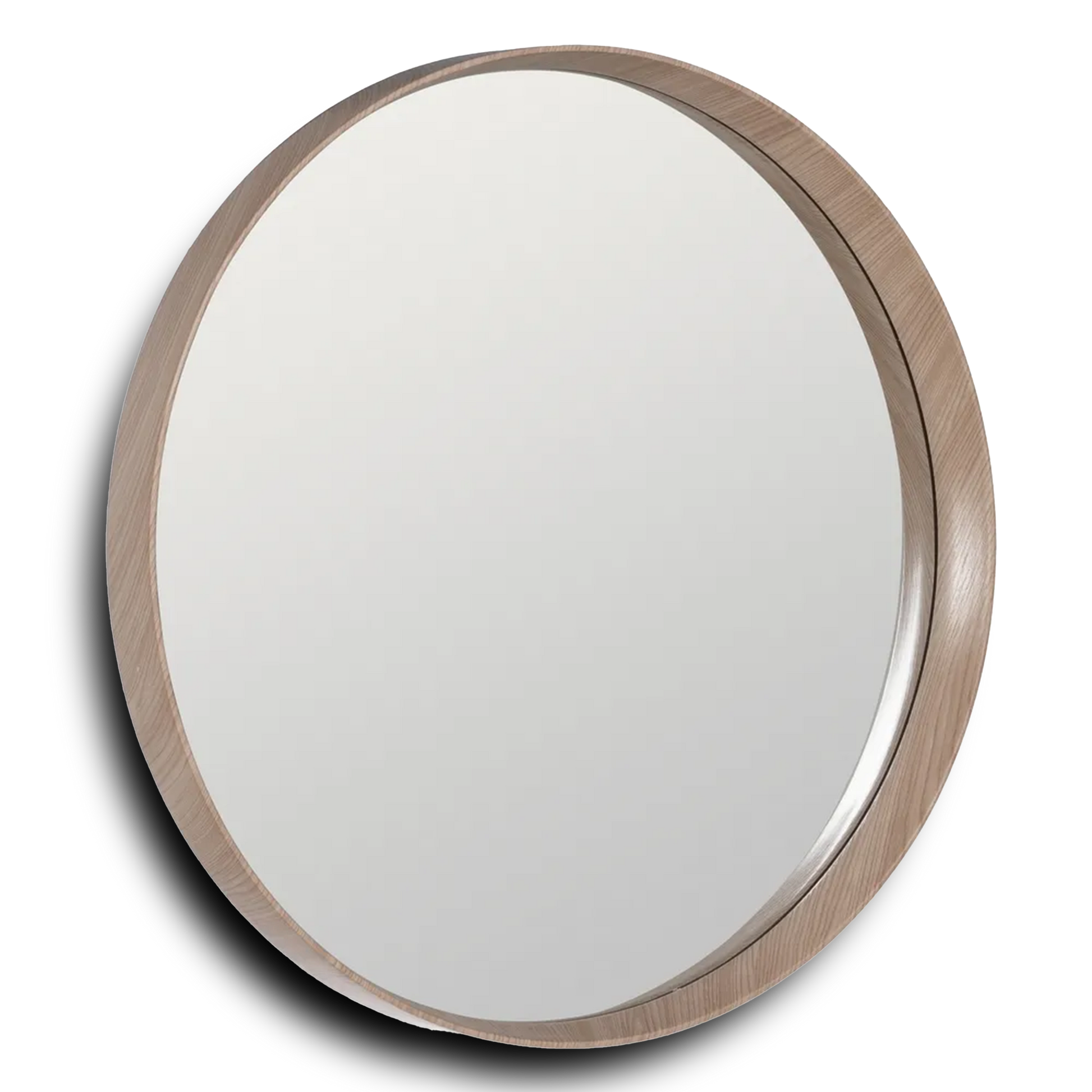 Alba round wall mirror with natural nude MDF frame in a modern interior