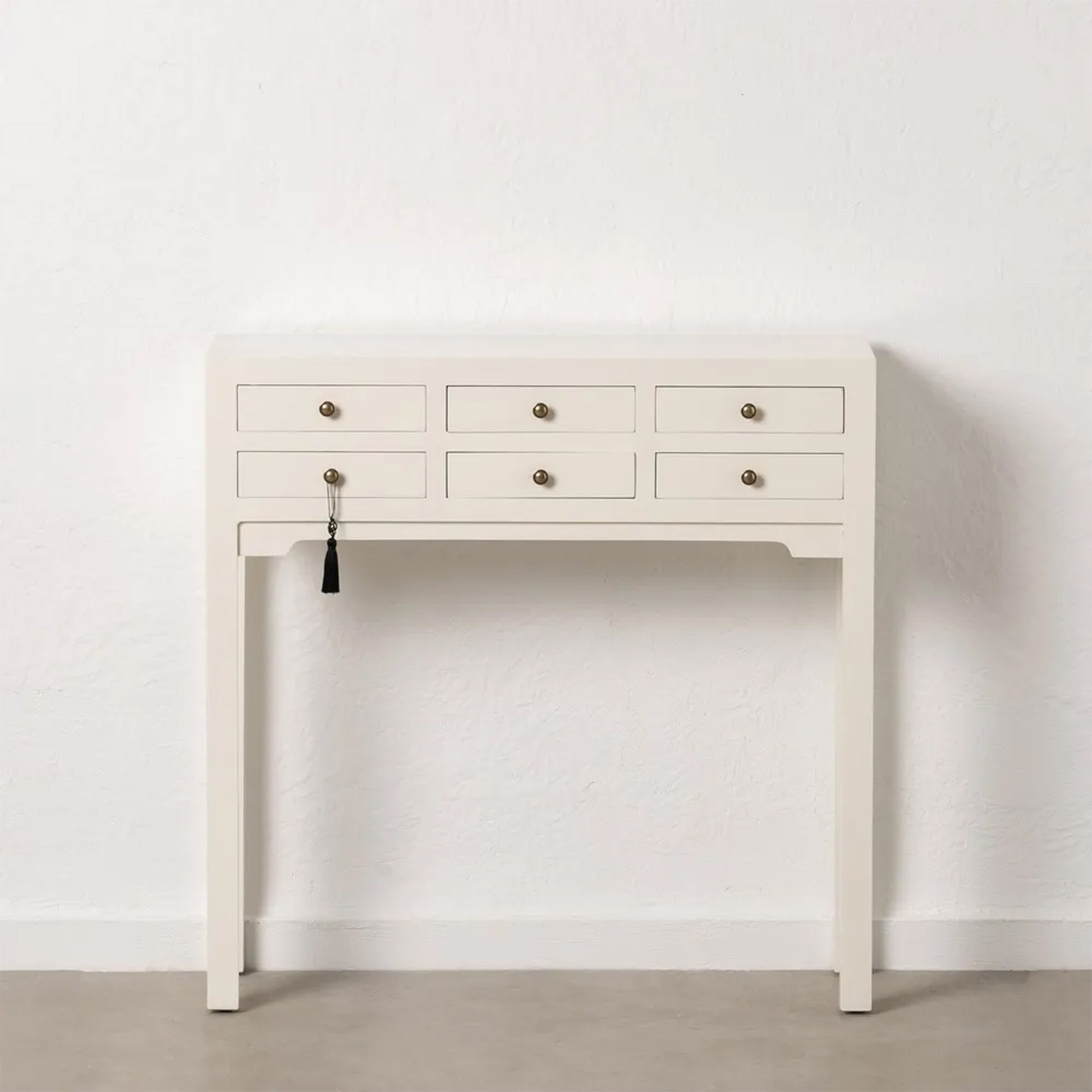 Blanca white wooden console with 6 drawers and brass handles