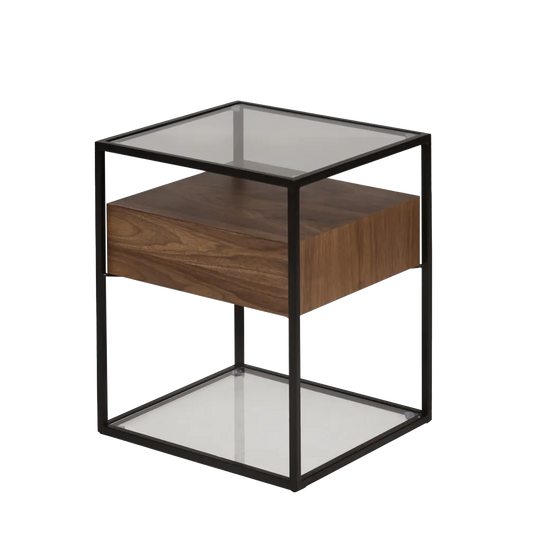 Cayetana 1-drawer end unit with black frame, glass shelves, and wood drawer – AK Interior Living