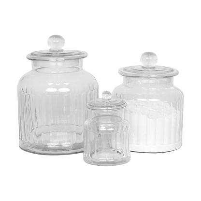 Vera Glass Jar Set – clear ribbed glass storage jars with elegant lids, available in small, medium, and large sizes.