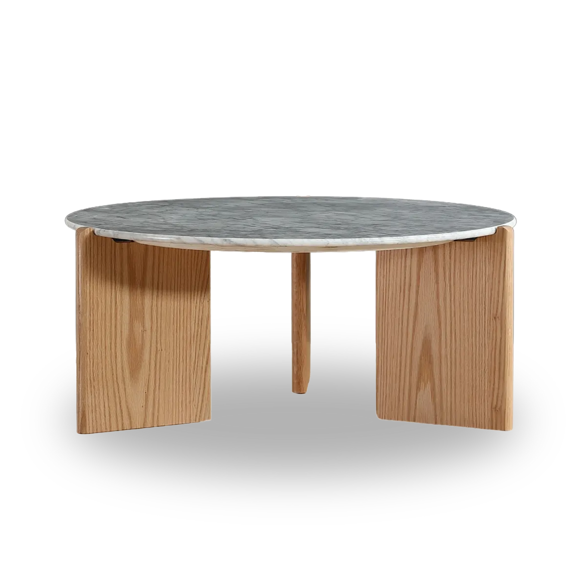 Riley coffee table with white marble top and oak veneer legs in a modern living room setting