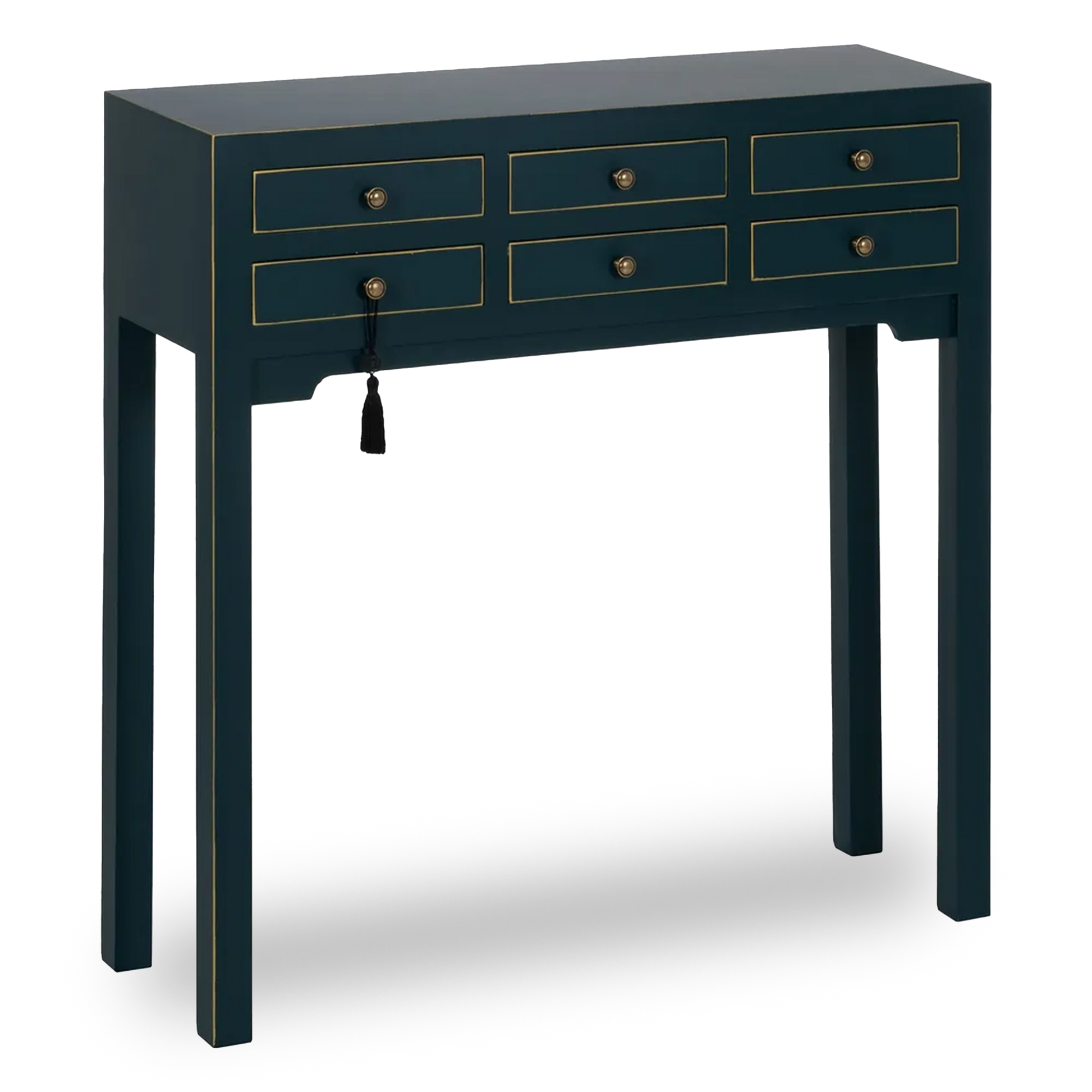 Ainara blue wooden console with 6 drawers and gold trim
