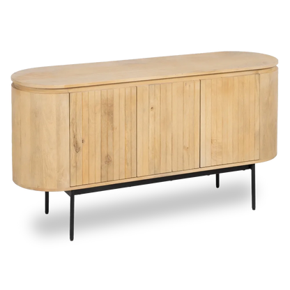 Alvaro buffet with natural wood finish and black iron legs in modern interior