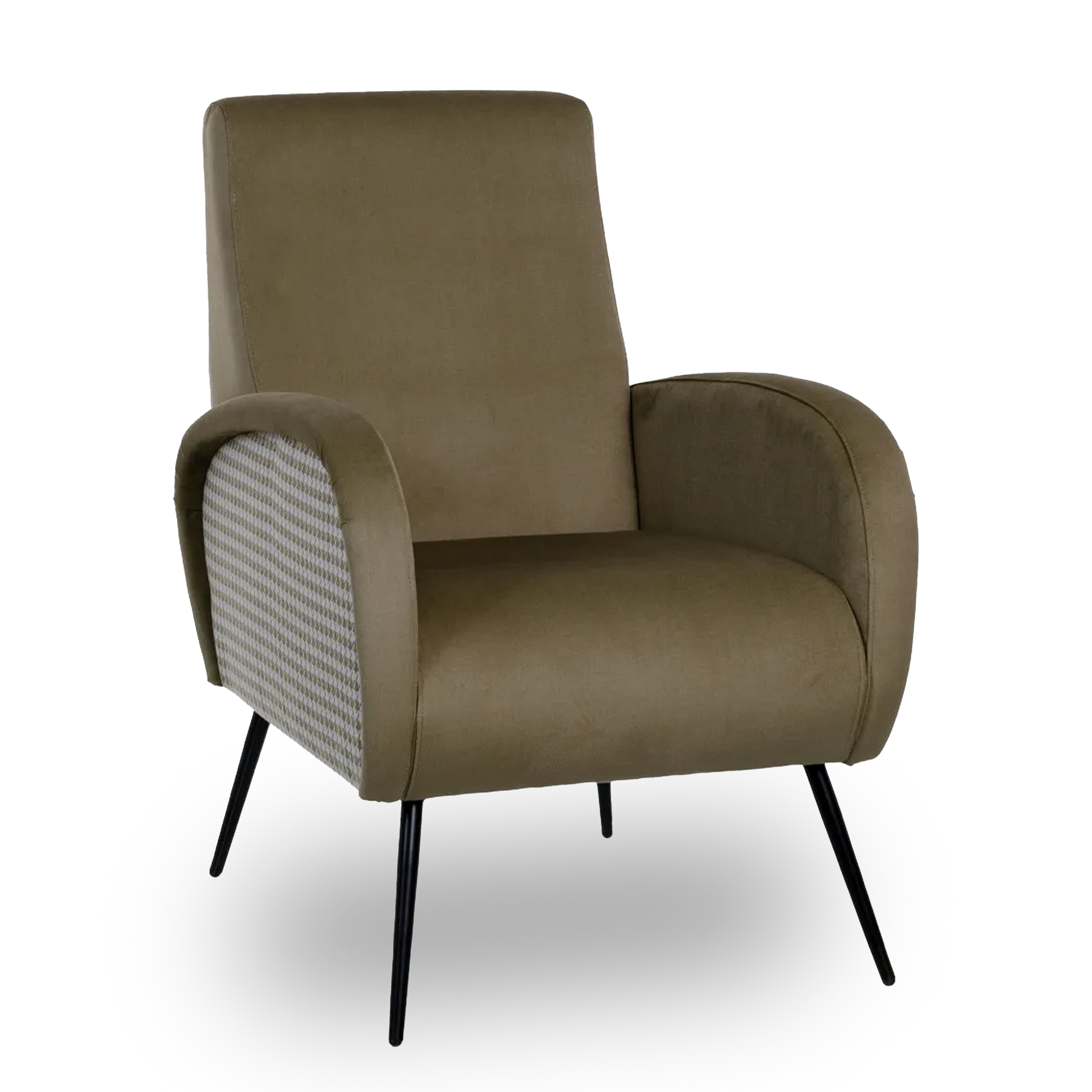 Lucia olive green fabric armchair with modern metal legs in a stylish interior