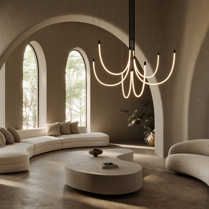 A stunning statement piece, this modern hanging light features sleek silicone tube lighting
