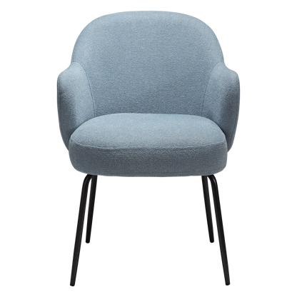 LANA dining chair in Blue Fog boucle with curved arms and antique pewter legs by AK Interior Living