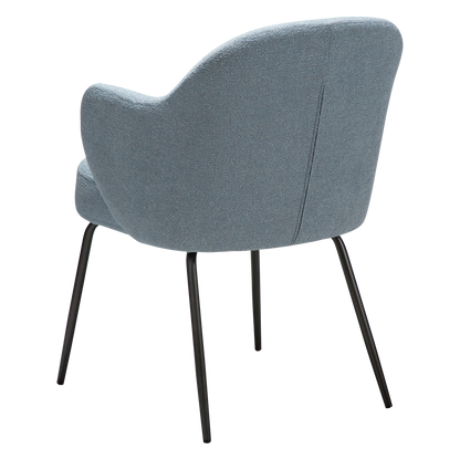 LANA dining chair in Blue Fog boucle with curved arms and antique pewter legs by AK Interior Living