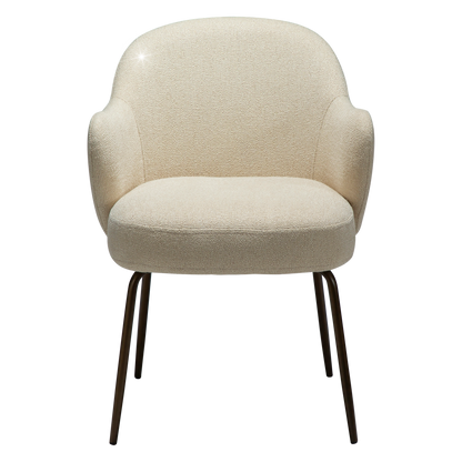 OLA dining chair in frosted almond boucle with curved arms and antique brass legs by AK Interior Living

