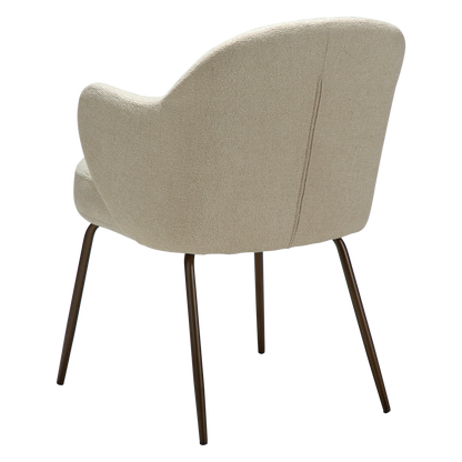 OLA dining chair in frosted almond boucle with curved arms and antique brass legs by AK Interior Living

