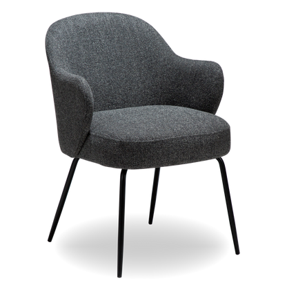 JOSHUA dining chair in Pebble Grey boucle with curved arms and black metal legs by AK Interior Living