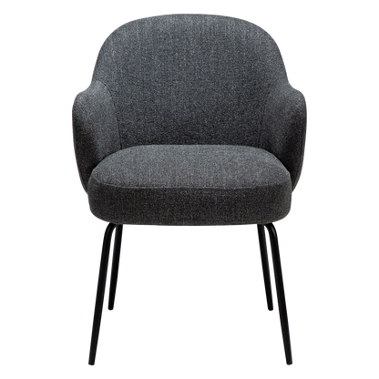 JOSHUA dining chair in Pebble Grey boucle with curved arms and black metal legs by AK Interior Living

