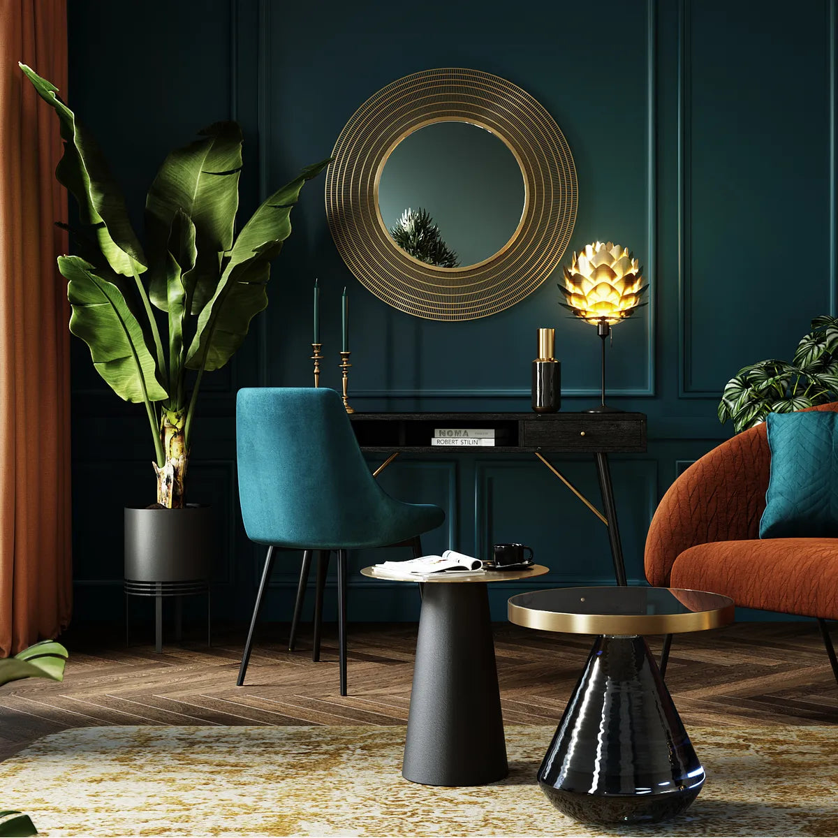 FION 120 cm black desk with drawer, open shelves and brass leg details, modern home office furniture