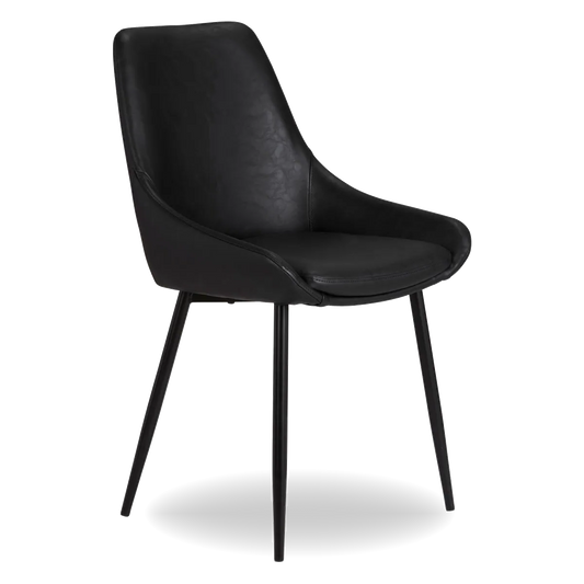 Side view of LUCE dining chair in PU with black metal legs and curved seat