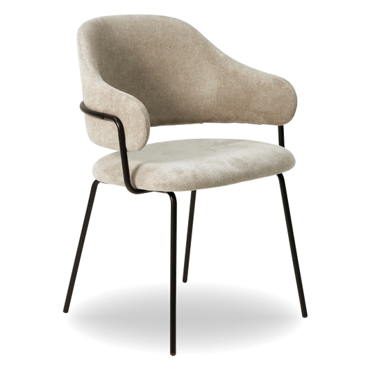 Modern dining chair with armrests and black metal legs from AK Interior Living.