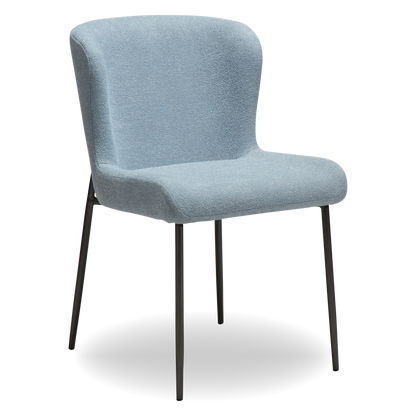 ANYA dining chair in Blue Fog bouclé with curved back and antique pewter legs by AK Interior Living