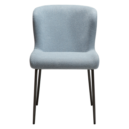 ANYA dining chair in Blue Fog bouclé with curved back and antique pewter legs by AK Interior Living