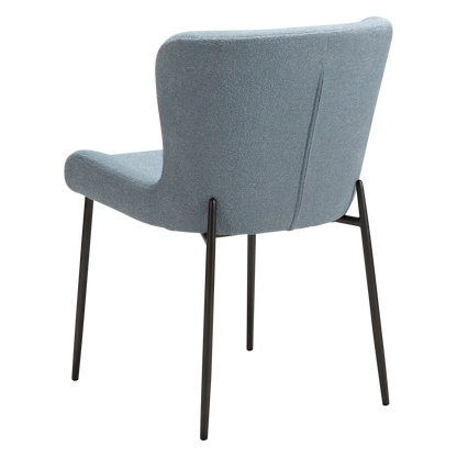 ANYA dining chair in Blue Fog bouclé with curved back and antique pewter legs by AK Interior Living