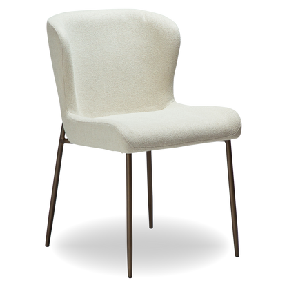 ELSA dining chair in bone white bouclé with curved back and antique brass legs by AK Interior Living