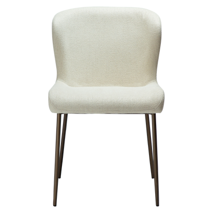 ELSA dining chair in bone white bouclé with curved back and antique brass legs by AK Interior Living