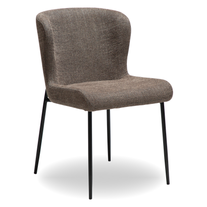 ARYA dining chair in Major brown bouclé fabric with curved back and black metal legs by AK Interior Living