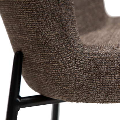 ARYA dining chair in Major brown bouclé fabric with curved back and black metal legs by AK Interior Living
