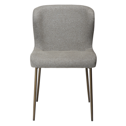 TARA dining chair in pebble earth bouclé with curved back and antique brass legs by AK Interior Living