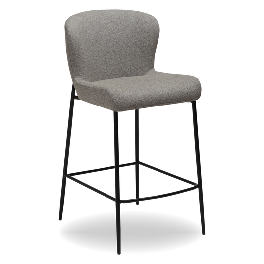 PAT counter-height stool in Pebble Earth bouclé with curved backrest and black metal legs by AK Interior Living