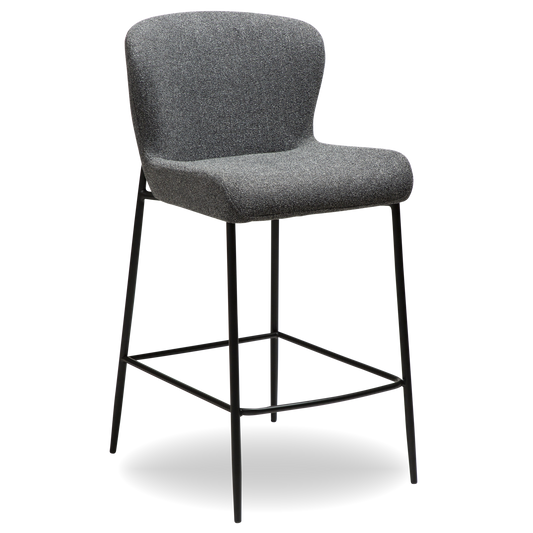 RIAN counter-height stool in Pebble Grey bouclé with black legs and curved backrest by AK Interior Living
