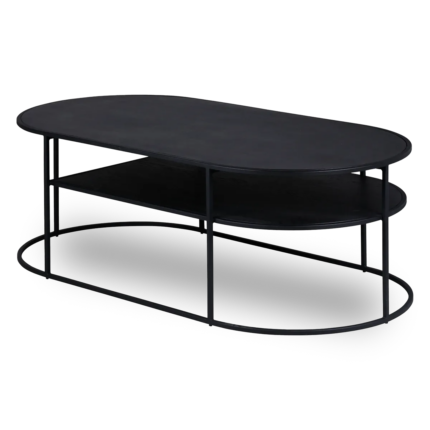 SEAN oval black oak coffee table with metal frame and lower shelf, modern living room furniture