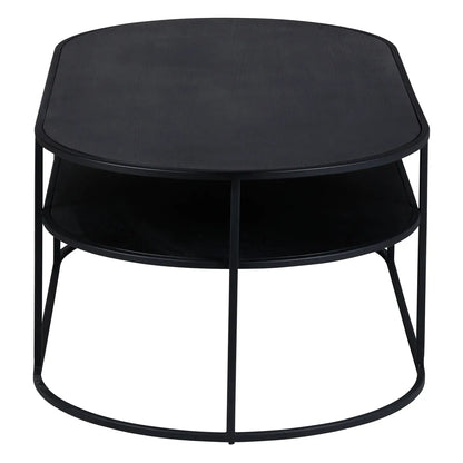 SEAN oval black oak coffee table with metal frame and lower shelf, modern living room furniture