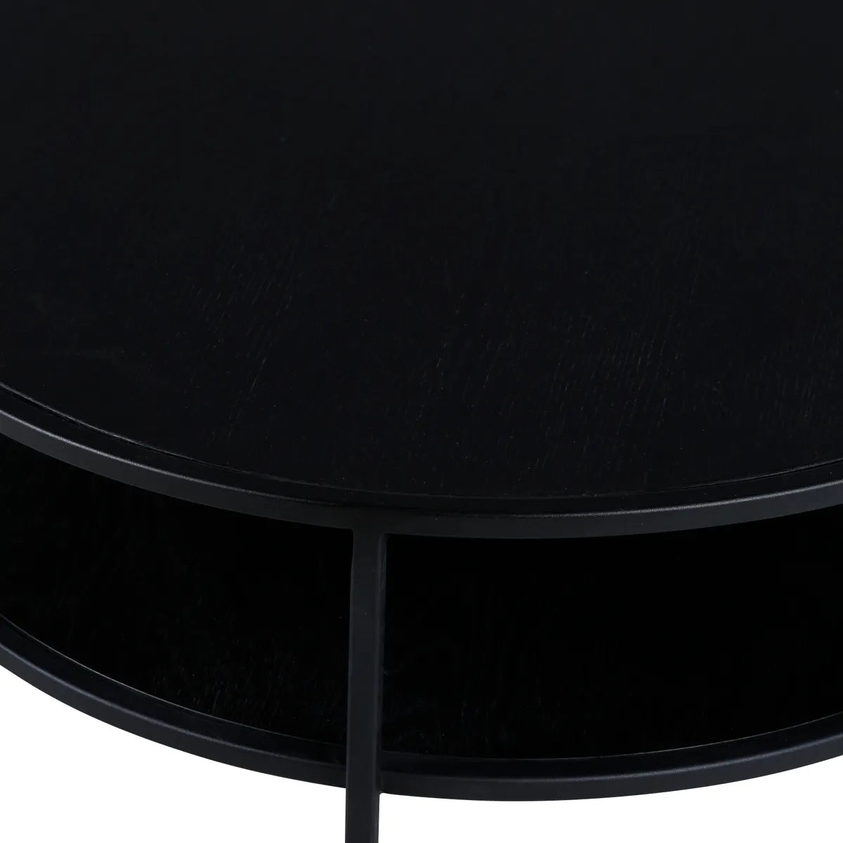SEAN oval black oak coffee table with metal frame and lower shelf, modern living room furniture