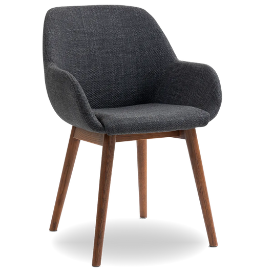 Angled view of ROMA fabric dining chair with dark oak wooden legs and curved armrest design