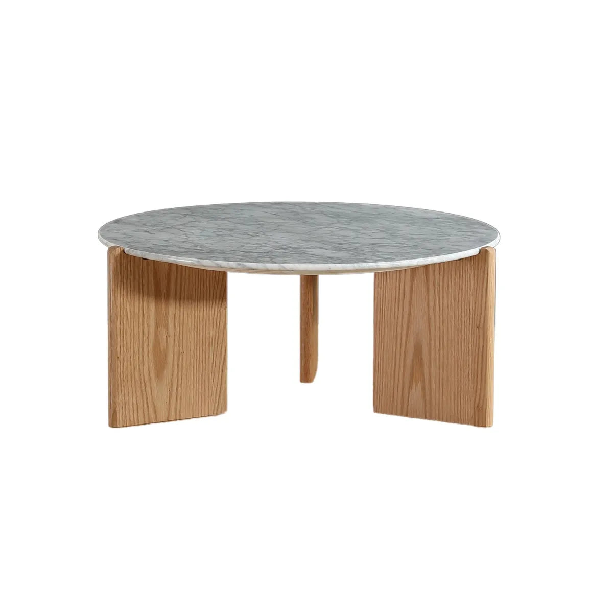 Riley coffee table with white marble top and oak veneer legs in a modern living room setting