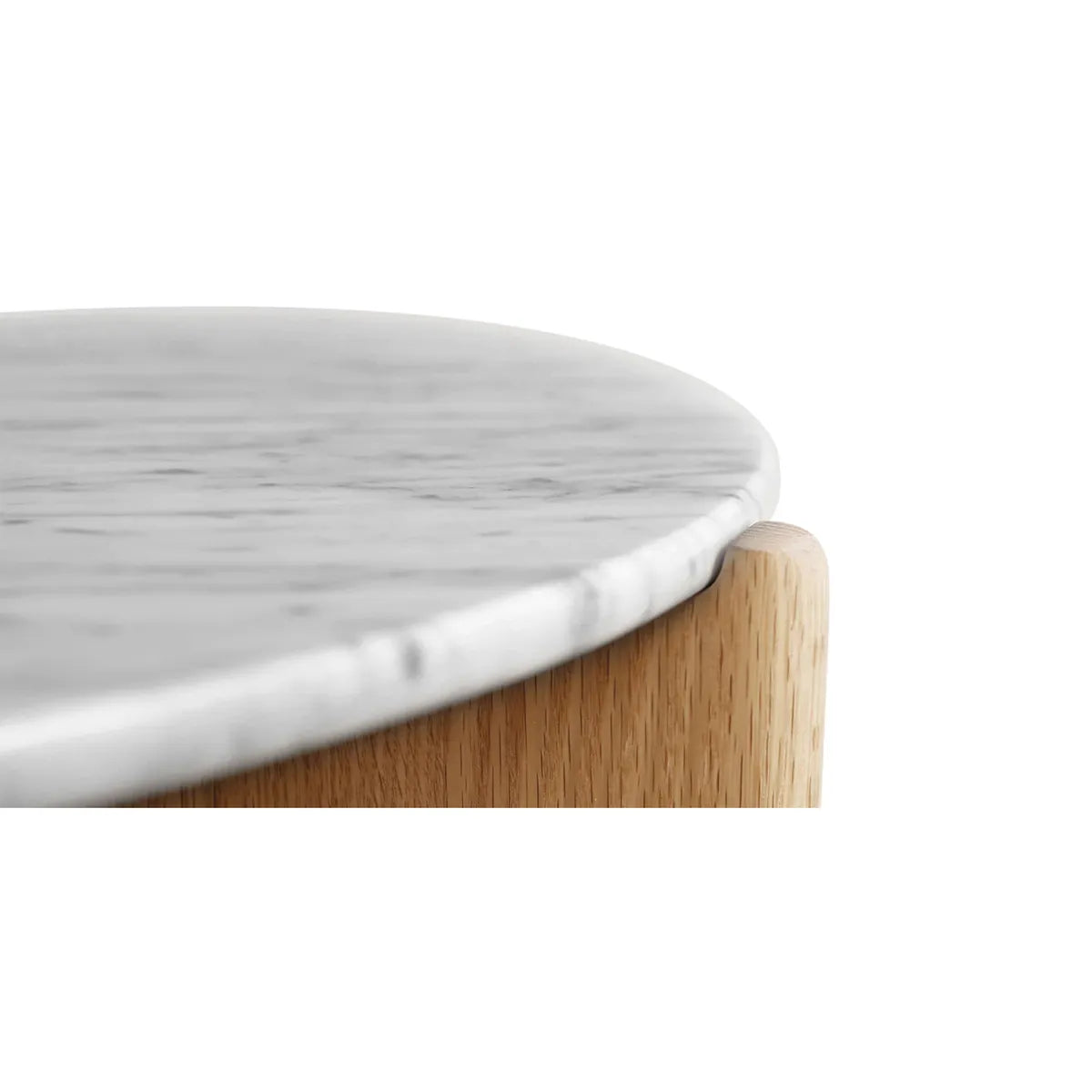 Riley coffee table with white marble top and oak veneer legs in a modern living room setting