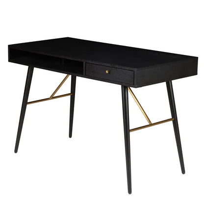 FION 120 cm black desk with drawer, open shelves and brass leg details, modern home office furniture