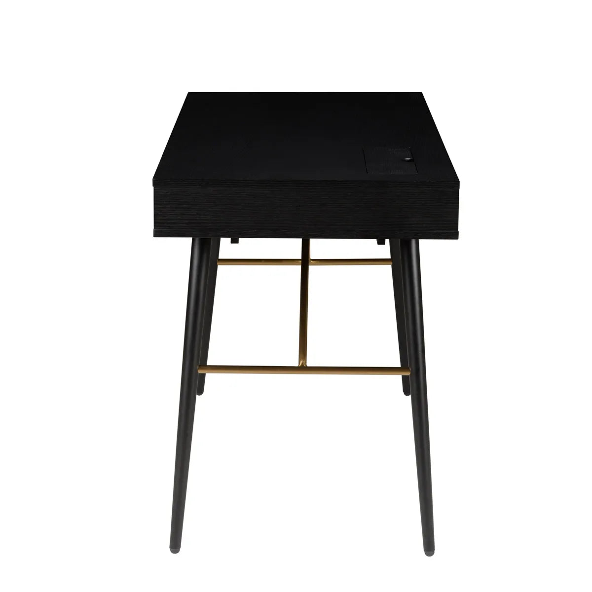 FION 120 cm black desk with drawer, open shelves and brass leg details, modern home office furniture