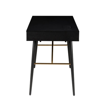 FION 120 cm black desk with drawer, open shelves and brass leg details, modern home office furniture