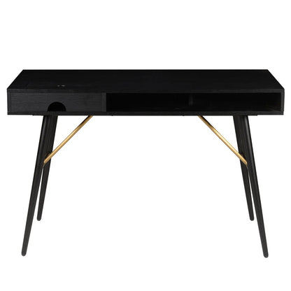 FION 120 cm black desk with drawer, open shelves and brass leg details, modern home office furniture